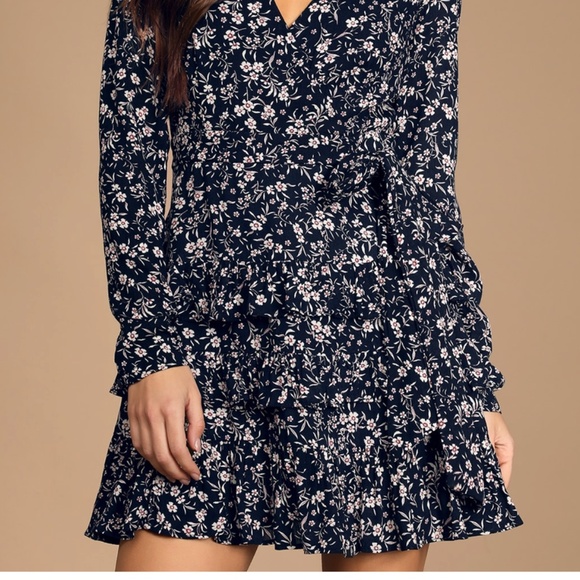 Navy Blue Floral Print Tiered Mini Dress - Picture 2 of 10